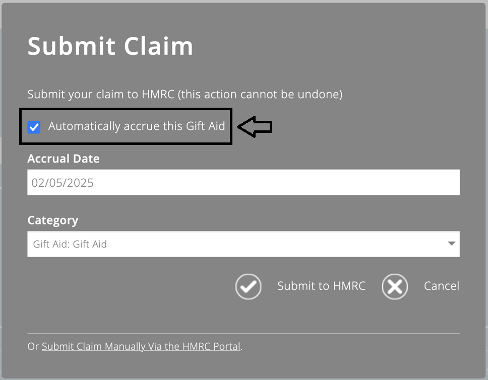 ExpensePlus screenshot of the Gift Aid Submit Claim screen. highlighting the 'Automatically accrue this Gift Aid' tick-box