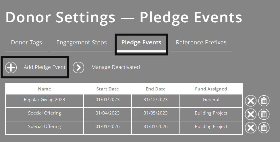 ExpensePlus Donor Settings screen highlighting the Pledge Events view and the Add Pledge Event icon