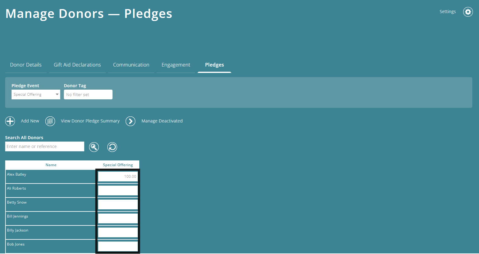 ExpensePlus Manage Donors - Pledges screen highlighting the pledge amount column for a specific pledge event