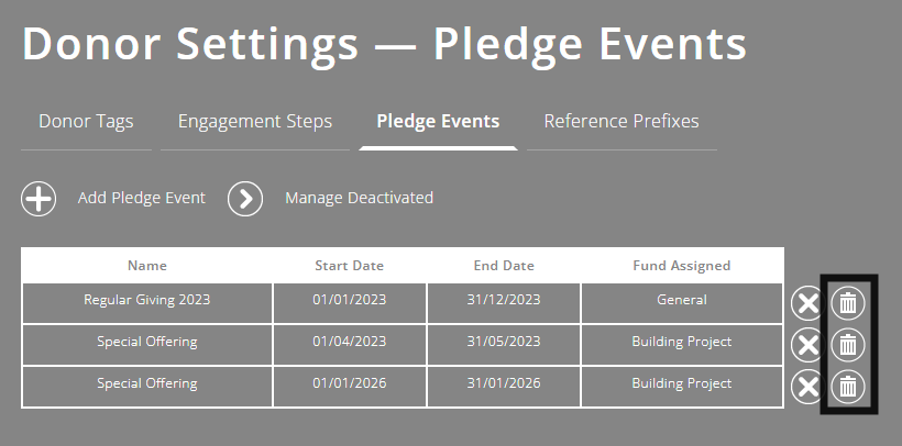 ExpensePlus Donor Settings screen highlighting the delete icon