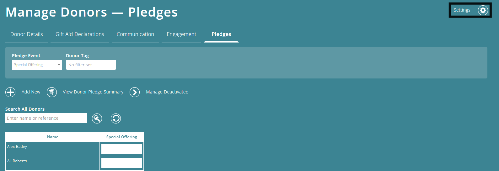ExpensePlus Manage Donors screen highlighting the settings icon in the top right