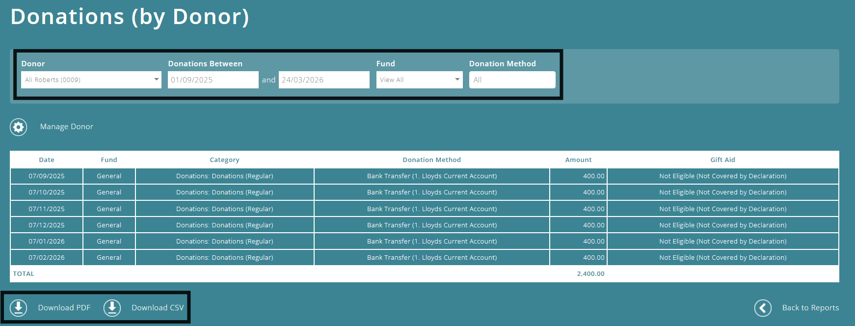 ExpensePlus Donations (by Donor) screen highlighting the report filters and the download icons