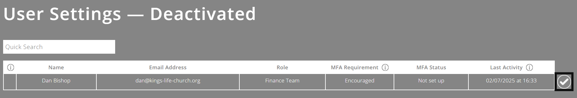 ExpensePlus Manage Deactivated user settings screen highlighting the tick button mentioned above