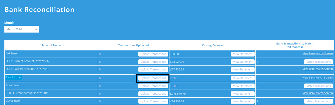 ExpensePlus screenshot of the Bank Reconciliation screen, highlighting 'Upload Transactions' for a Give A Little account