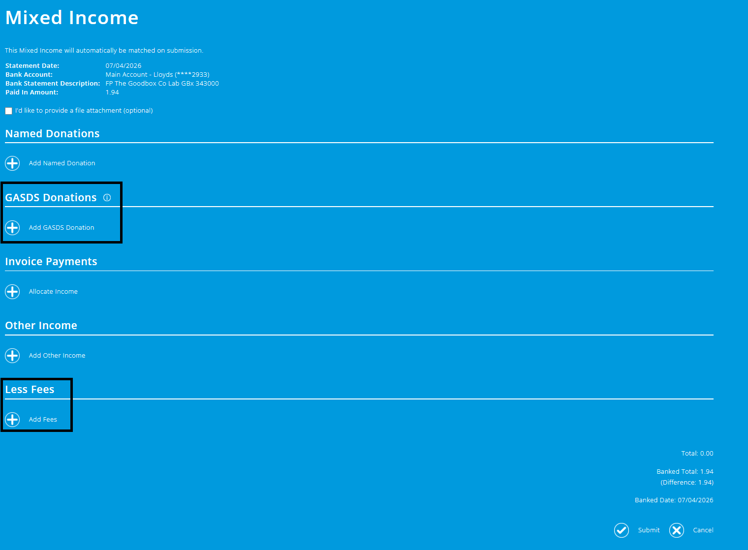 ExpensePlus screenshot of the 'Mixed income' screen, highlighting 'GASDS Donations' and 'Less Fees'