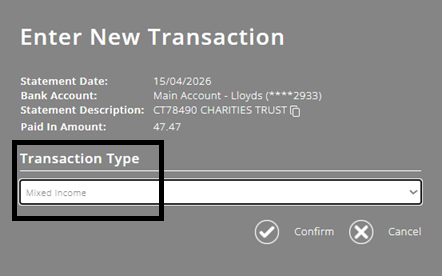 ExpensePlus screenshot showing transaction type = 'mixed income'