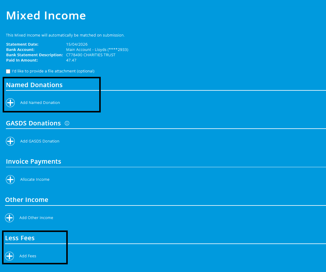 ExpensePlus screenshot of the 'Mixed Income' screen, highlighting 'Named Donations' and 'Less fees'