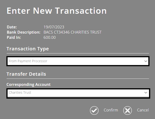 ExpensePlus screenshot, highlighting transaction type 'from Payment Processor', and the box to select Charities Trust