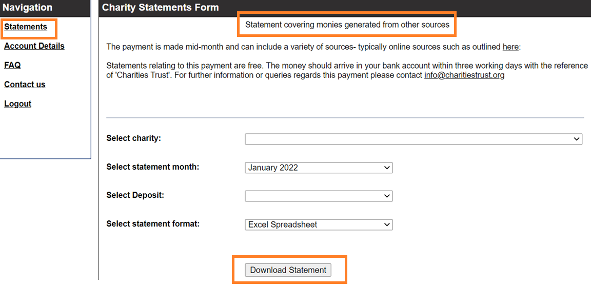 Charities Trust screenshot, highlighting 'Statements', 'Donations from all other sources' and 'Download Statement'