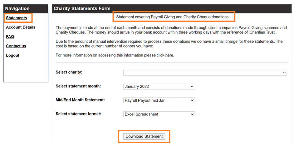 Charities Trust screenshot, highlighting 'Statements', 'Payroll Giving donations and Charity Cheques' and 'Download Statement'