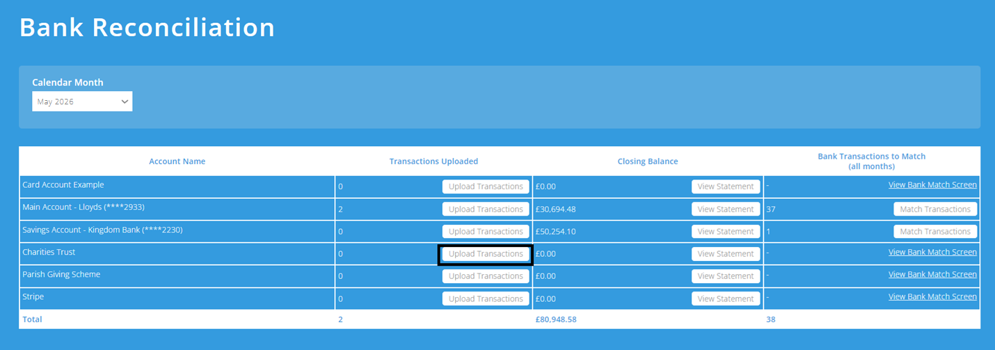 ExpensePlus screenshot of the Bank Reconciliation screen, highlighting 'Upload Transactions' for a Charities Trust account
