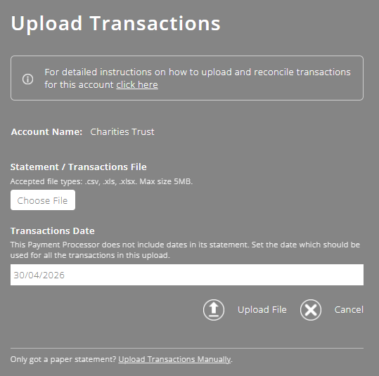 ExpensePlus screenshot of the 'Upload Transactions' pop-up