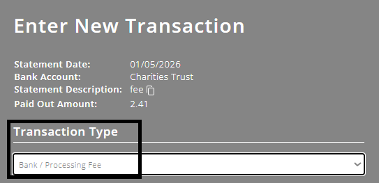 ExpensePlus screenshot, highlighting 'Bank / Processing Fee' as the transaction type