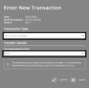 ExpensePlus screenshot showing transaction type = 'Payment for Payment Processor', and transaction type as 'Payout from Payment Processor', and account as Zettle