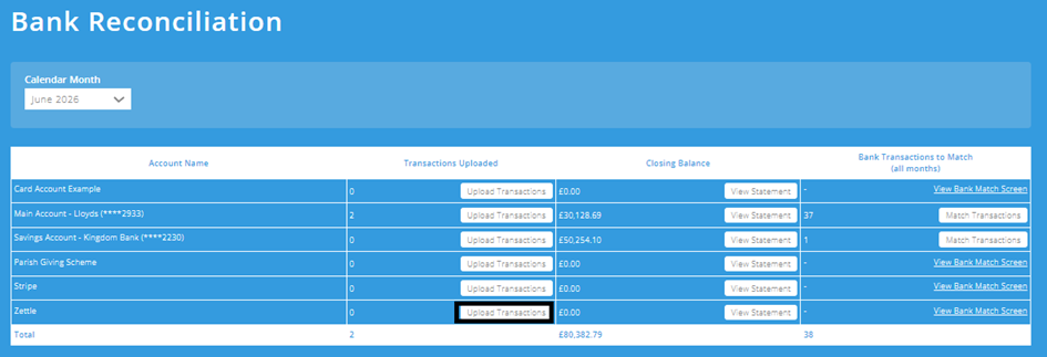 ExpensePlus screenshot of the Bank Reconciliation screen, highlighting 'Upload Transactions' for a Zettle account