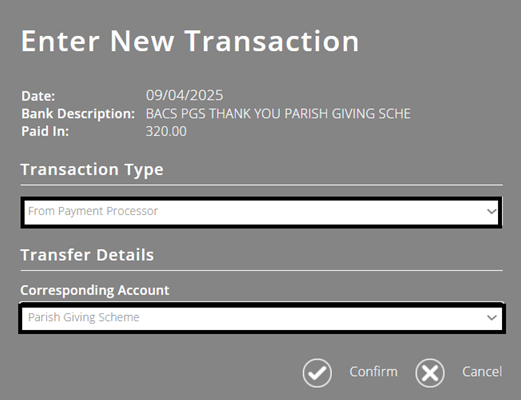 ExpensePlus screenshot, highlighting transaction type 'from Payment Processor', and the box to select 'Parish Giving Scheme'