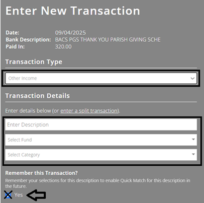 ExpensePlus screenshot showing transaction type = 'other income' and highlighting where to untick 'remember this transaction?'