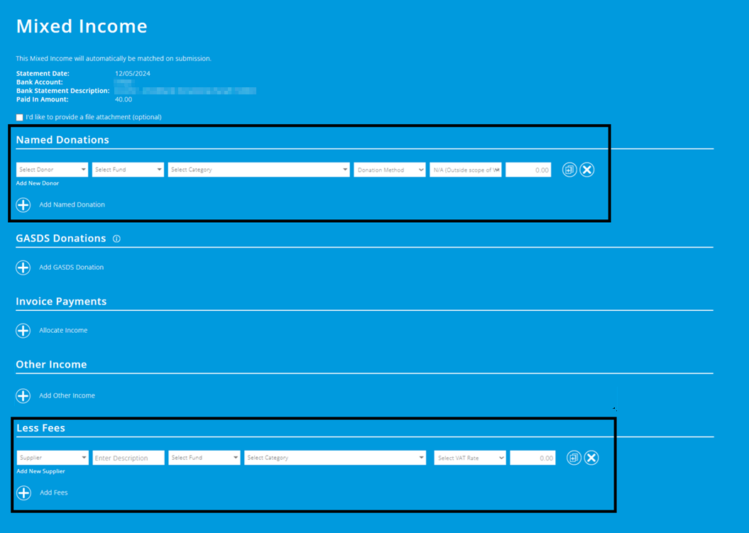 ExpensePlus screenshot of the 'Mixed Income' screen, highlighting where to enter the donations details and fees