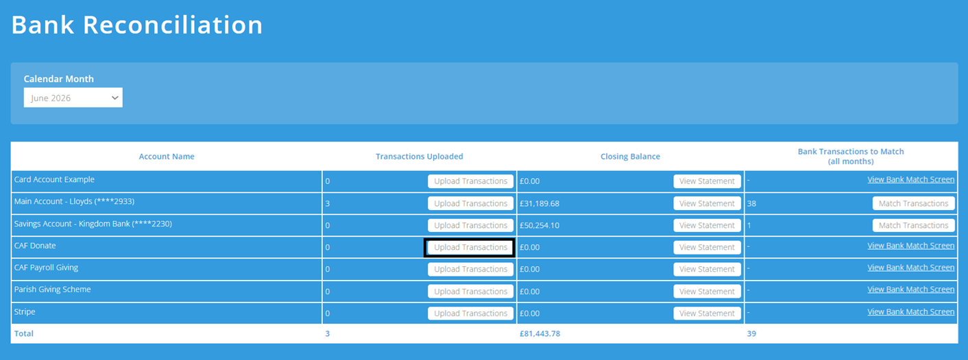 ExpensePlus screenshot of the Bank Reconciliation screen, highlighting 'Upload Transactions' for a CAF Donate account