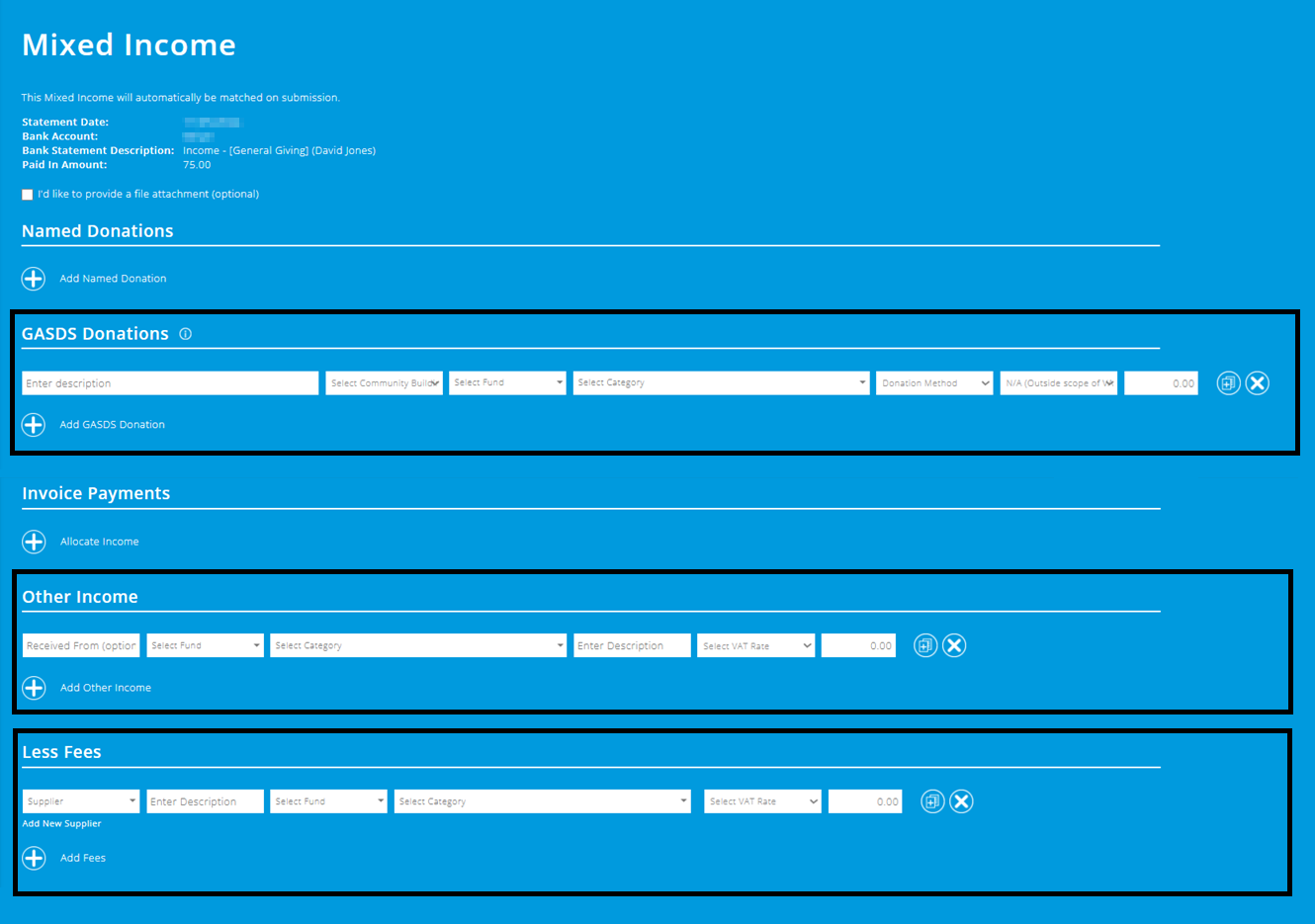 ExpensePlus screenshot of the 'Mixed Income' screen, highlighting the sections 'GASDS donations', 'Other Income' and 'Less Fees'