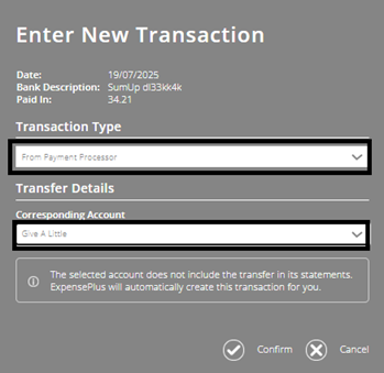 ExpensePlus screenshot showing transaction type = 'Payment for Payment Processor', and transaction type as 'Payout from Payment Processor', and account as Give A Little