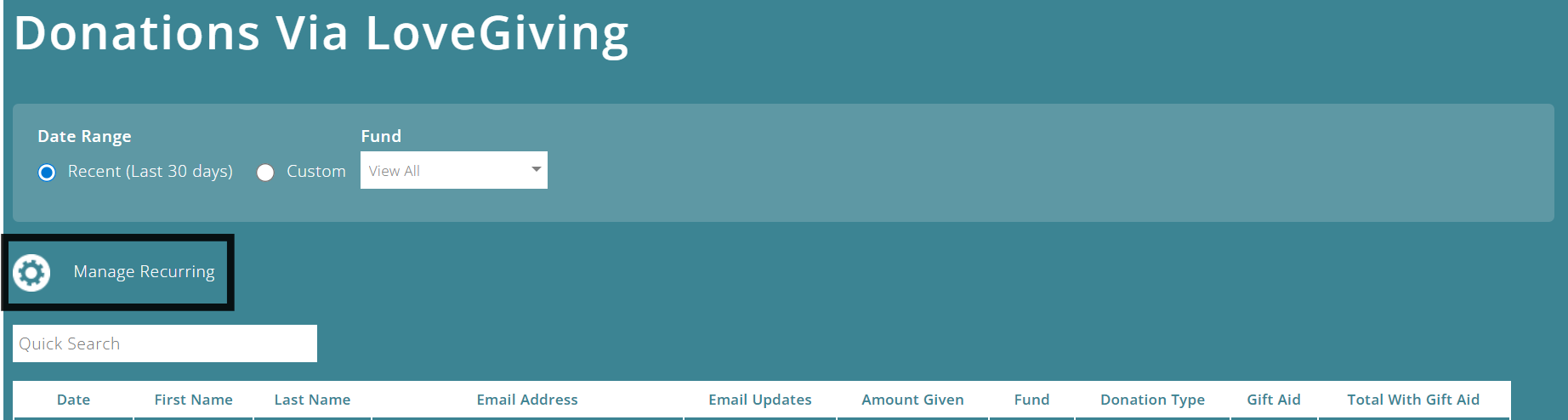 ExpensePlus Donations via LoveGiving screen highlighting the Manage Recurring button