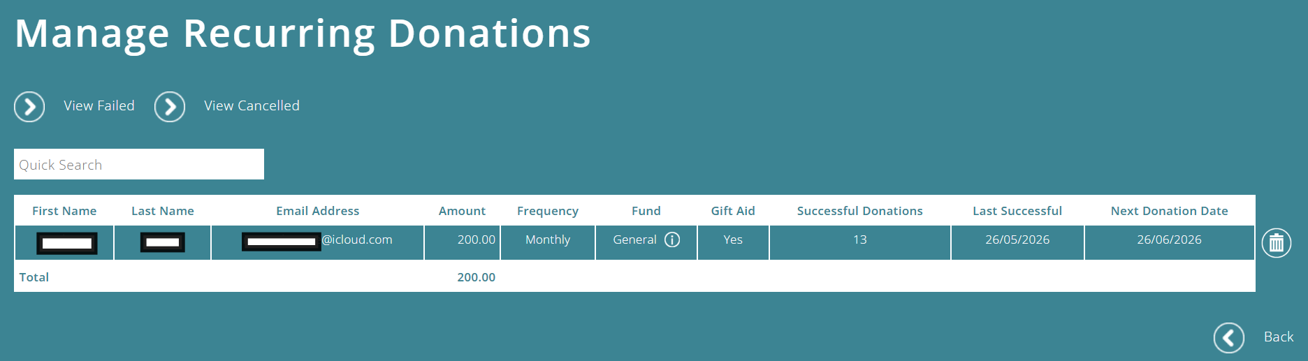 ExpensePlus Manage Recurring Donations screen