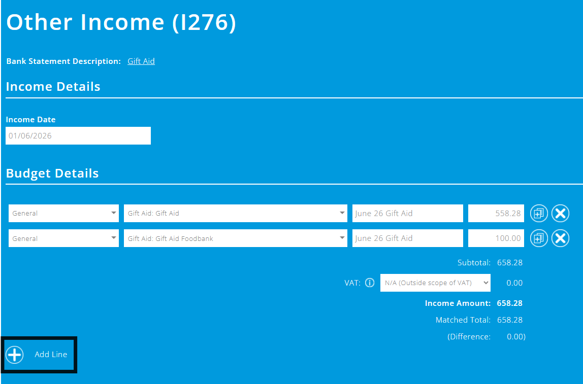 ExpensePlus transaction highlighting the Add Line button