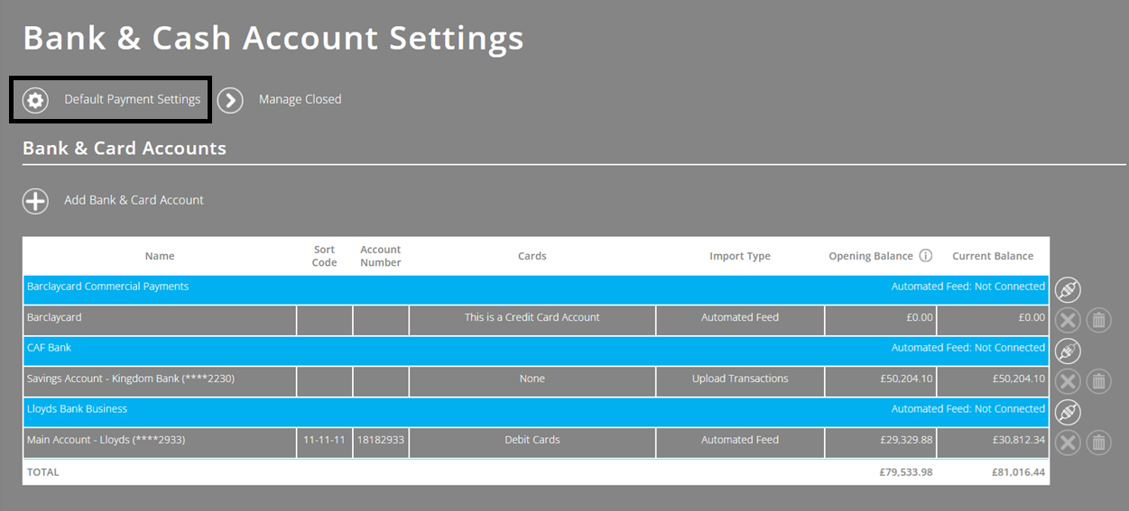 ExpensePlus screenshot of the Bank & Cash Account Settings screen, highlighting the 'Default Payment Settings' button