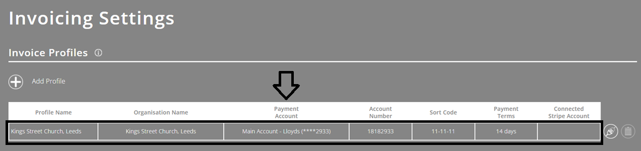 ExpensePlus screenshot of the Invoicing Settings screen, highlighting the payment account for an invoice profile