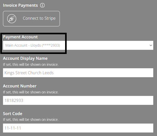 ExpensePlus screenshot of the Invoice Payments section of an invoice profile, highlighting the payment account