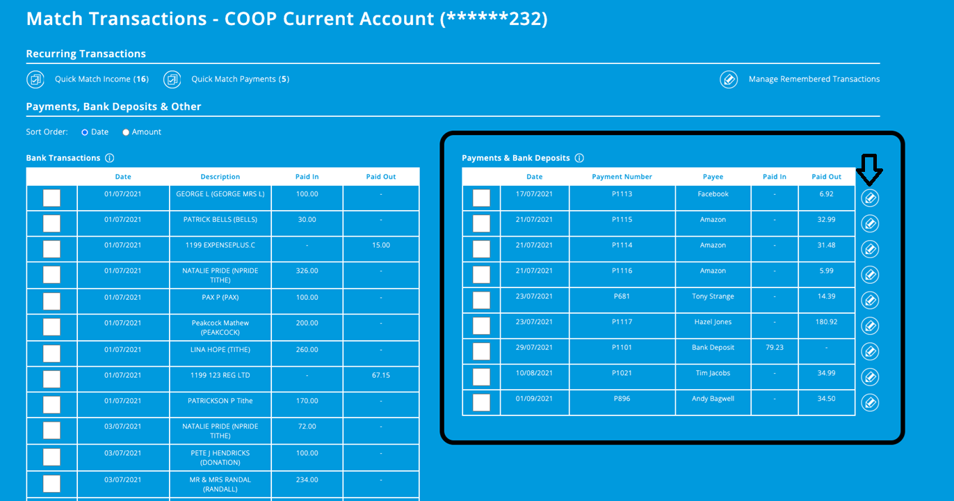 ExpensePlus screenshot of the 'Match Transactions' screen, highlighting the 'Edit' button for transactions in the right-hand table