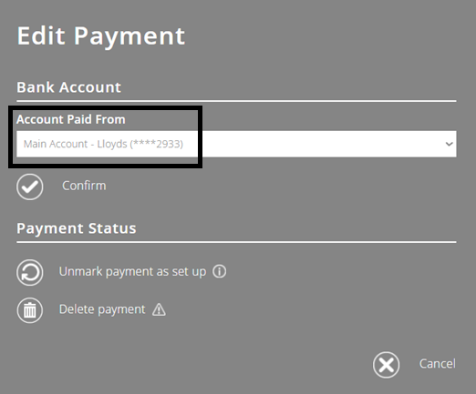 ExpensePlus screenshot of the 'Edit Payment' pop-up, highlighting 'Account Paid From'