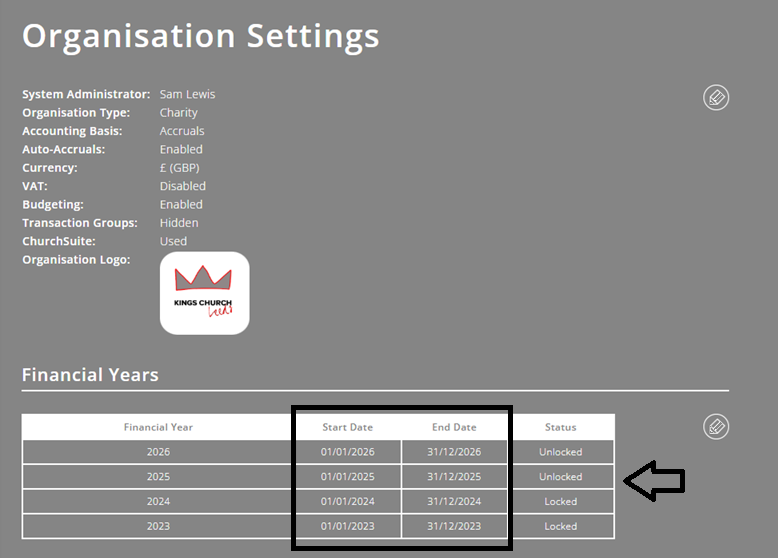 ExpensePlus screenshot of the Organisation Settings screen, highlighting the financial year start and end dates