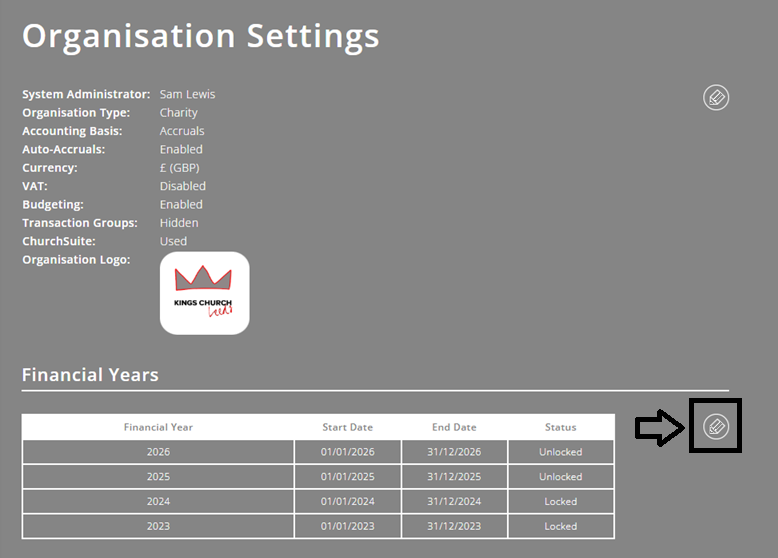 ExpensePlus screenshot of the Organisation Settings screen, highlighting the Edit button to change your financial year dates