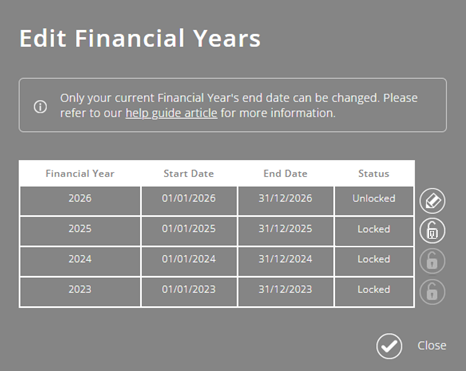 ExpensePlus screenshot of the pop-up enabling you to change your financial year dates