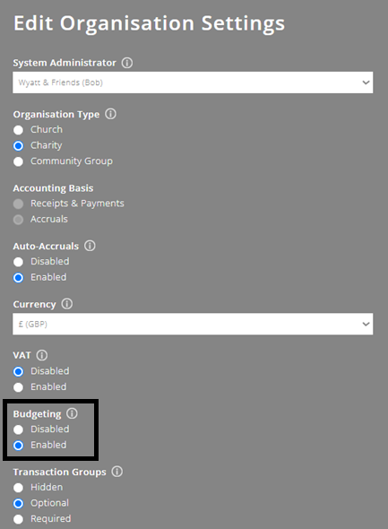 ExpensePlus screenshot of the 'Edit Organisation Settings pop-up, highlighting the buttons to enable or disable the budgeting feature