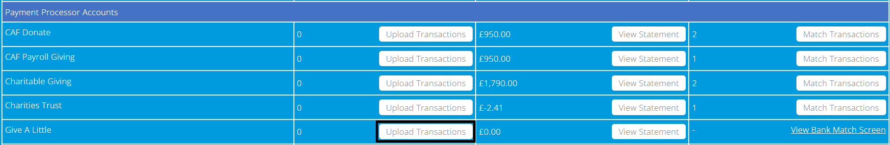 ExpensePlus screenshot of the Bank Reconciliation screen, highlighting 'Upload Transactions' for a Give A Little account