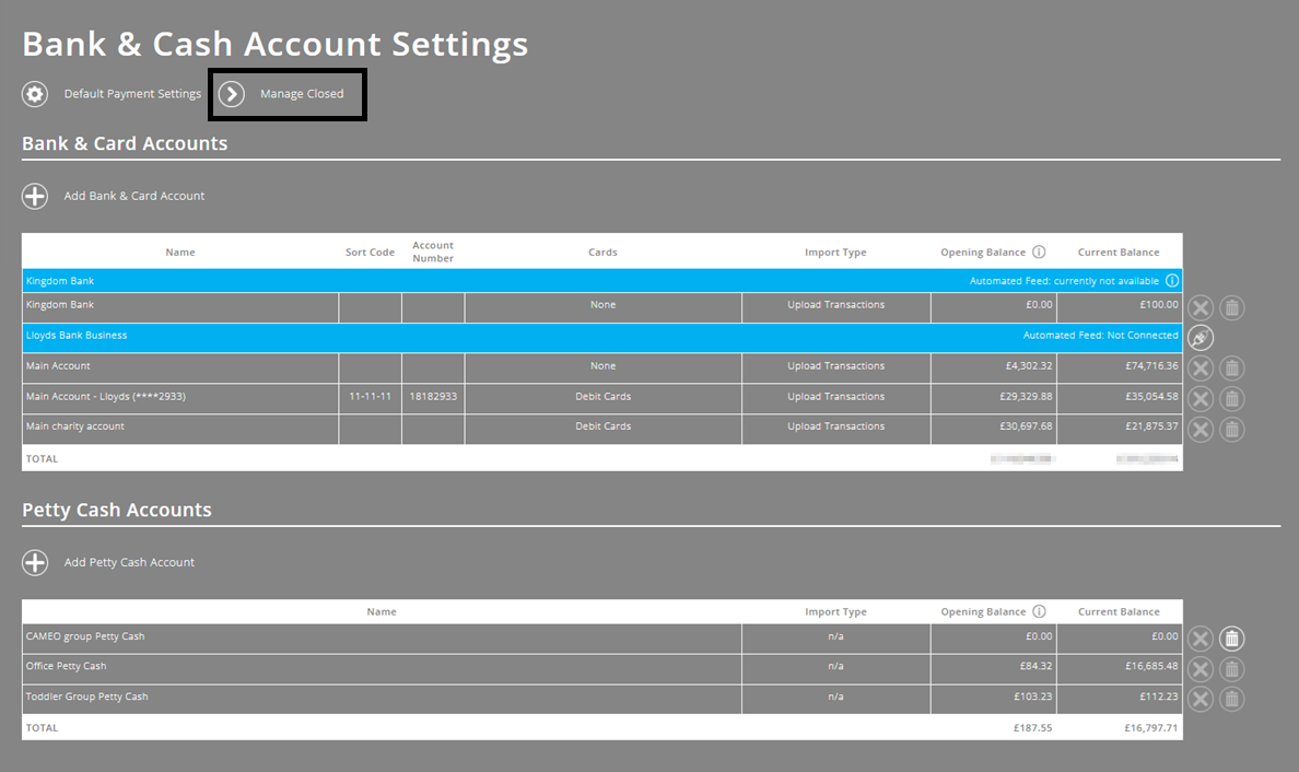 ExpensePlus screenshot of the 'Bank & Cash Account Settings' screen, highlighting the 'Manage Closed' button
