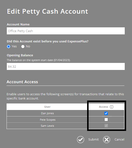 ExpensePlus screenshot of the 'Edit Petty Cash Account' pop-up, highlighting how to give users access to the specific Petty Cash account