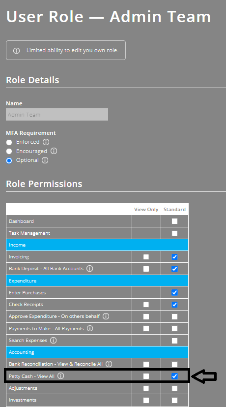 ExpensePlus screenshot of a 'User Role' pop-up, highlighting how to give access to all Petty Cash accounts for all users with that role