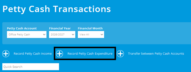 ExpensePlus screenshot of the Petty Cash Transactions screen, highlighting the 'Record Petty Cash Expenditure' button