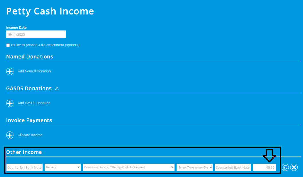 ExpensePlus screenshot of the Petty Cash Income screen, highlighting an example of negative income