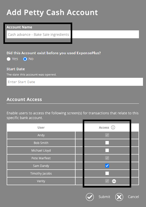 ExpensePlus screenshot of the Add Petty Cash Account pop-up, highlighting the account name and access