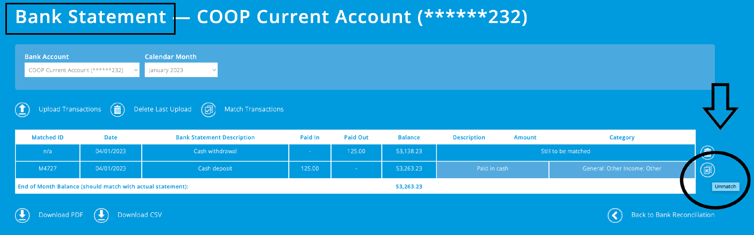 ExpensePlus screenshot of a bank statement, highlighting the 'unmatch' button