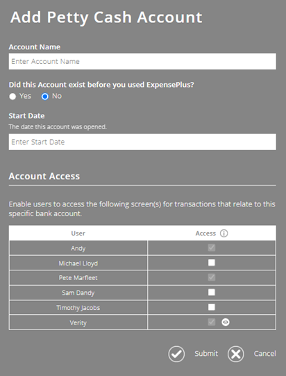 ExpensePlus screenshot of the 'Add Petty Cash Account' pop-up