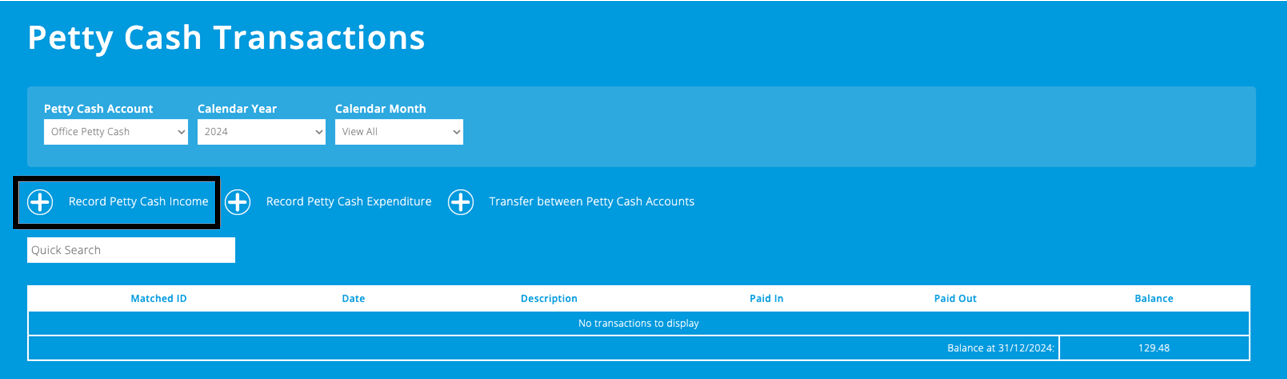 ExpensePlus Transactions screen, highlighting the 'Record Petty Cash Income' button