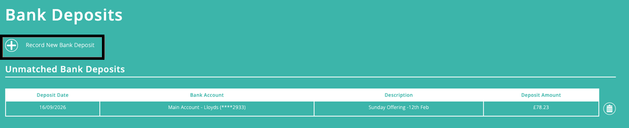 ExpensePlus screenshot of the Bank Deposits screen, highlighting the 'Record New Bank Deposit' button