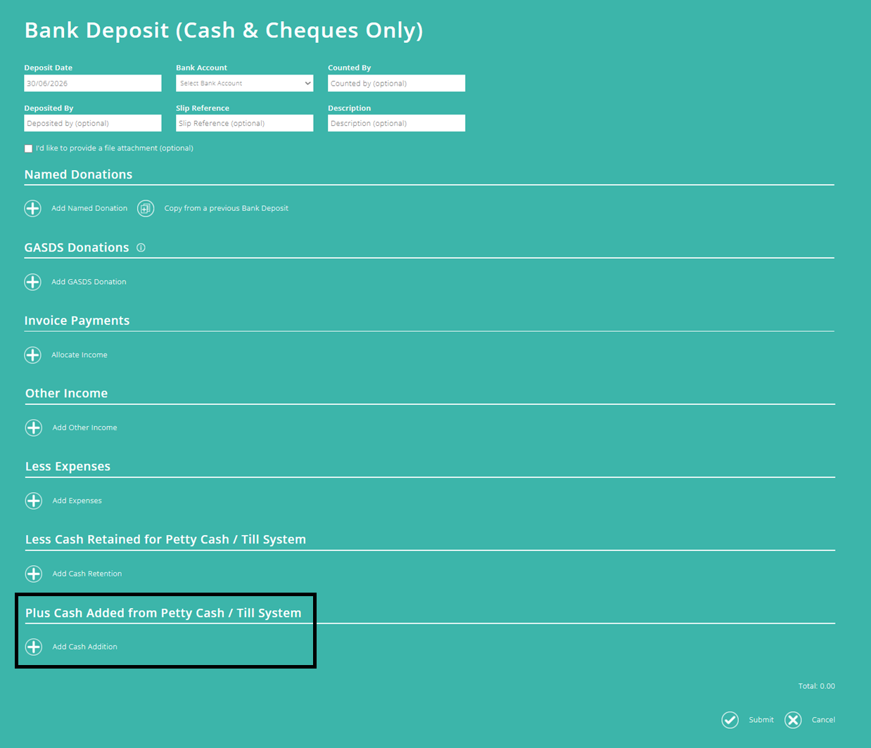 ExpensePlus screenshot of the Bank Deposit screen, highlighting 'Plus Cash Added from Petty Cash'