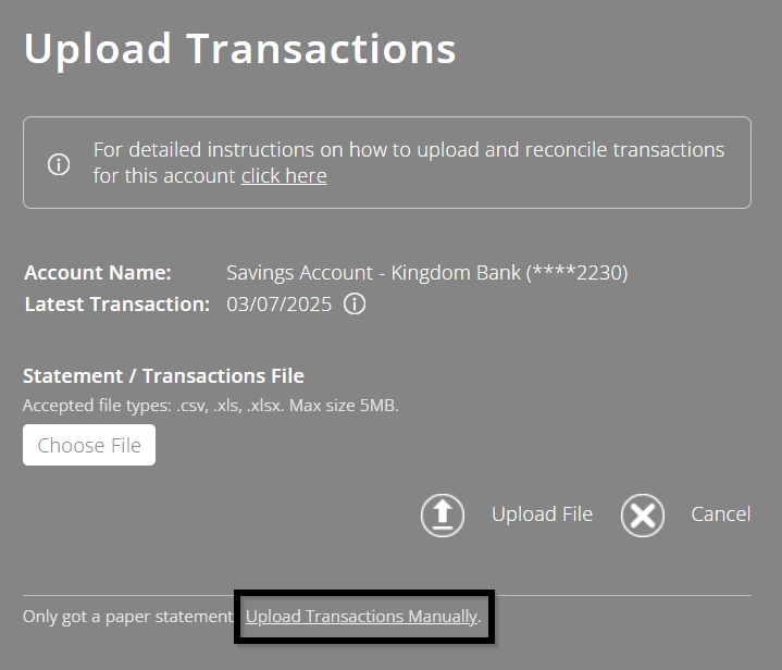 ExpensePlus Screenshot of bank transaction upload popup
